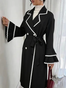 Seusyu Designer Contrast Color Webbing Long Sleeve Tie Cinched Waist Mid-Length Elegant Women's Regular Jacket, Autumn/Winter - Black - View 3