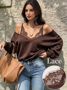 Cévolie Women's Autumn New Lace Patchwork Cold Shoulder Sweatshirt, Fashion Casual Loose Thin Sweatshirt - Brown - View 2