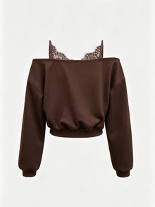 Cévolie Women's Autumn New Lace Patchwork Cold Shoulder Sweatshirt, Fashion Casual Loose Thin Sweatshirt - Brown - View 5