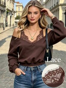 Cévolie Women's Autumn New Lace Patchwork Cold Shoulder Sweatshirt, Fashion Casual Loose Thin Sweatshirt - Brown - View 1