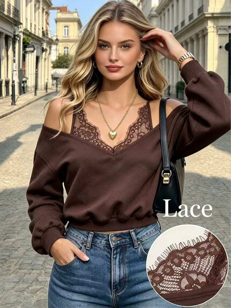 Cévolie Women's Autumn New Lace Patchwork Cold Shoulder Sweatshirt, Fashion Casual Loose Thin Sweatshirt - Brown - View 1