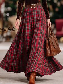 Trelyra Women's Fashion Red Plaid Fitted Waist A-Line Flared Skirt, Suitable For Daily Commute, Dating, Outdoor Outings, Holiday Gatherings - Red - View 7