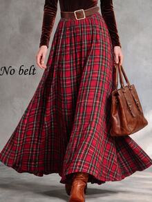Trelyra Women's Fashion Red Plaid Fitted Waist A-Line Flared Skirt, Suitable For Daily Commute, Dating, Outdoor Outings, Holiday Gatherings - Red - View 1