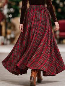 Trelyra Women's Fashion Red Plaid Fitted Waist A-Line Flared Skirt, Suitable For Daily Commute, Dating, Outdoor Outings, Holiday Gatherings - Red - View 2