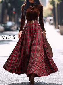 Trelyra Women's Fashion Red Plaid Fitted Waist A-Line Flared Skirt, Suitable For Daily Commute, Dating, Outdoor Outings, Holiday Gatherings - Red - View 6
