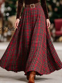 Trelyra Women's Fashion Red Plaid Fitted Waist A-Line Flared Skirt, Suitable For Daily Commute, Dating, Outdoor Outings, Holiday Gatherings - Red - View 5