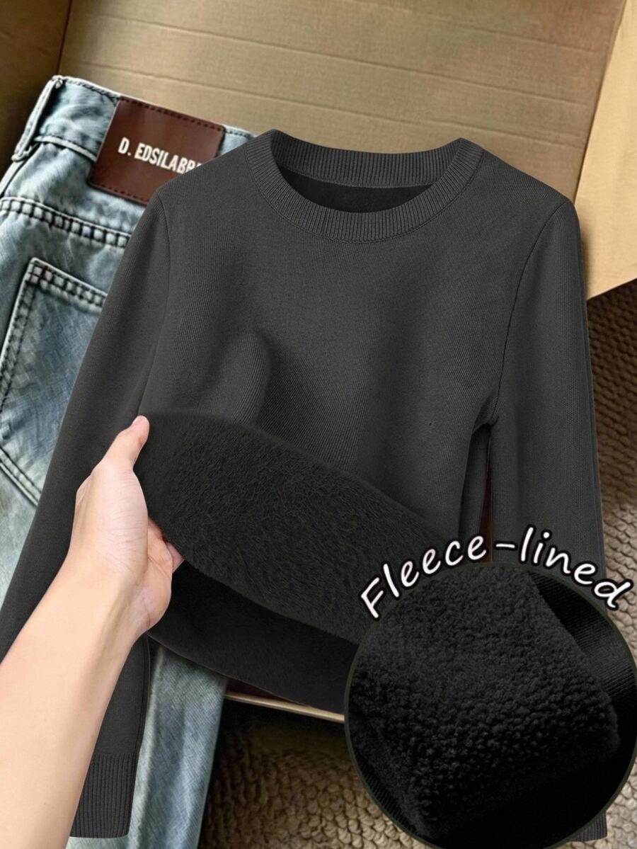 SHEIN Teen Girls Sweaters Fall Winter Slim Fit Thermal Lined Ribbed Crew Neck Long Sleeves Dark Grey Knitwear, Fall Tops, Cardigan, Cozy, Pull, Casual Daily - Black - View 1