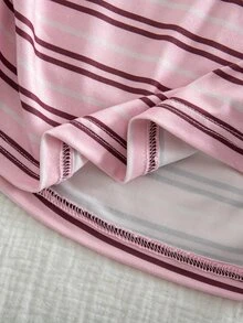 SHEIN 青少年女孩 T-Shirt 波點條紋印花 度假 Y2K 休閒上衣 Baby Tee 短袖 抓皺針織 校園風 白色波點 海軍藍粉色條紋 夏季 - 粉色 - 查看 8