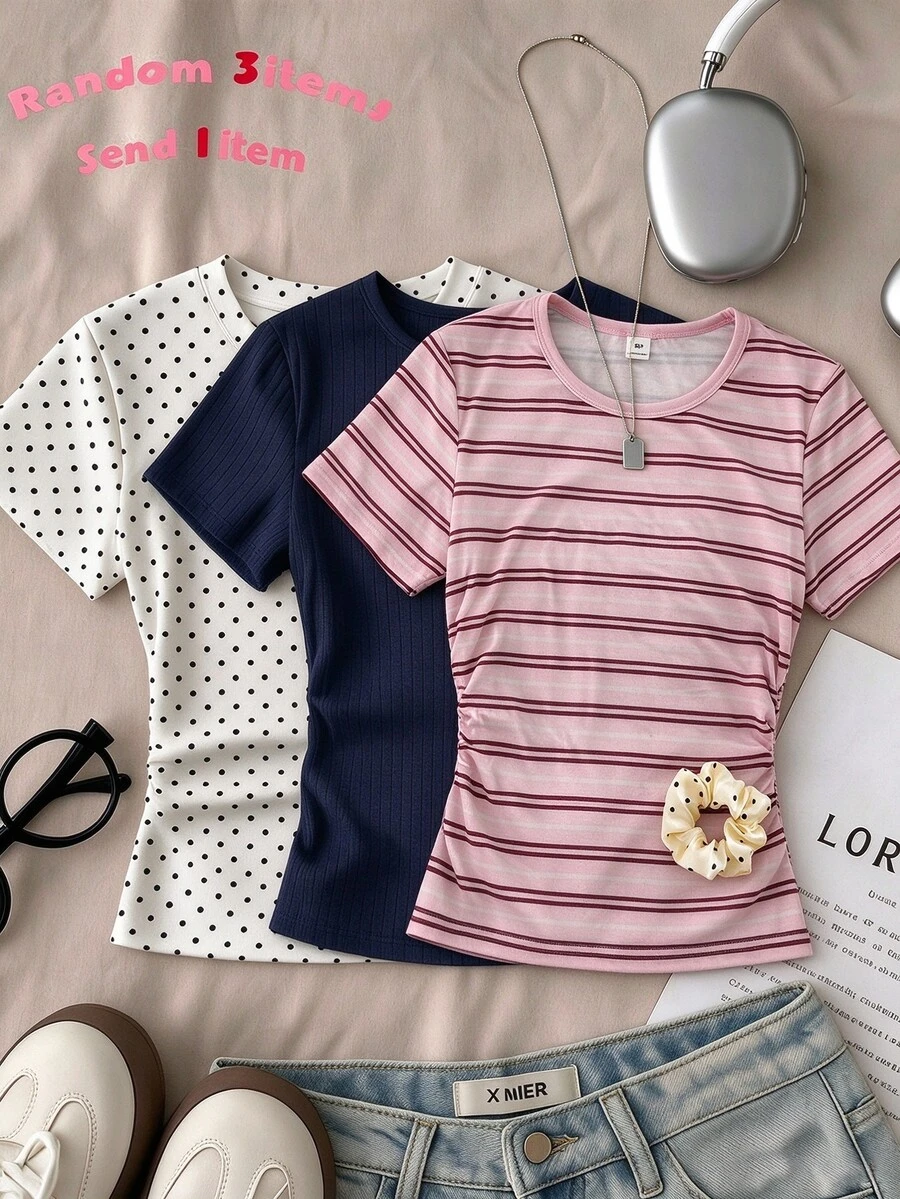 SHEIN 青少年女孩 T-Shirt 波點條紋印花 度假 Y2K 休閒上衣 Baby Tee 短袖 抓皺針織 校園風 白色波點 海軍藍粉色條紋 夏季 - 粉色 - 查看 1
