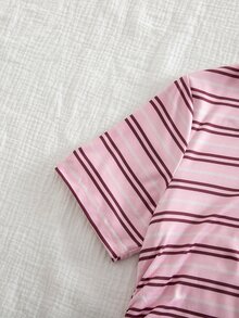 SHEIN 青少年女孩 T-Shirt 波點條紋印花 度假 Y2K 休閒上衣 Baby Tee 短袖 抓皺針織 校園風 白色波點 海軍藍粉色條紋 夏季 - 粉色 - 查看 5