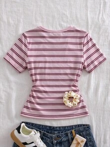 SHEIN 青少年女孩 T-Shirt 波點條紋印花 度假 Y2K 休閒上衣 Baby Tee 短袖 抓皺針織 校園風 白色波點 海軍藍粉色條紋 夏季 - 粉色 - 查看 2