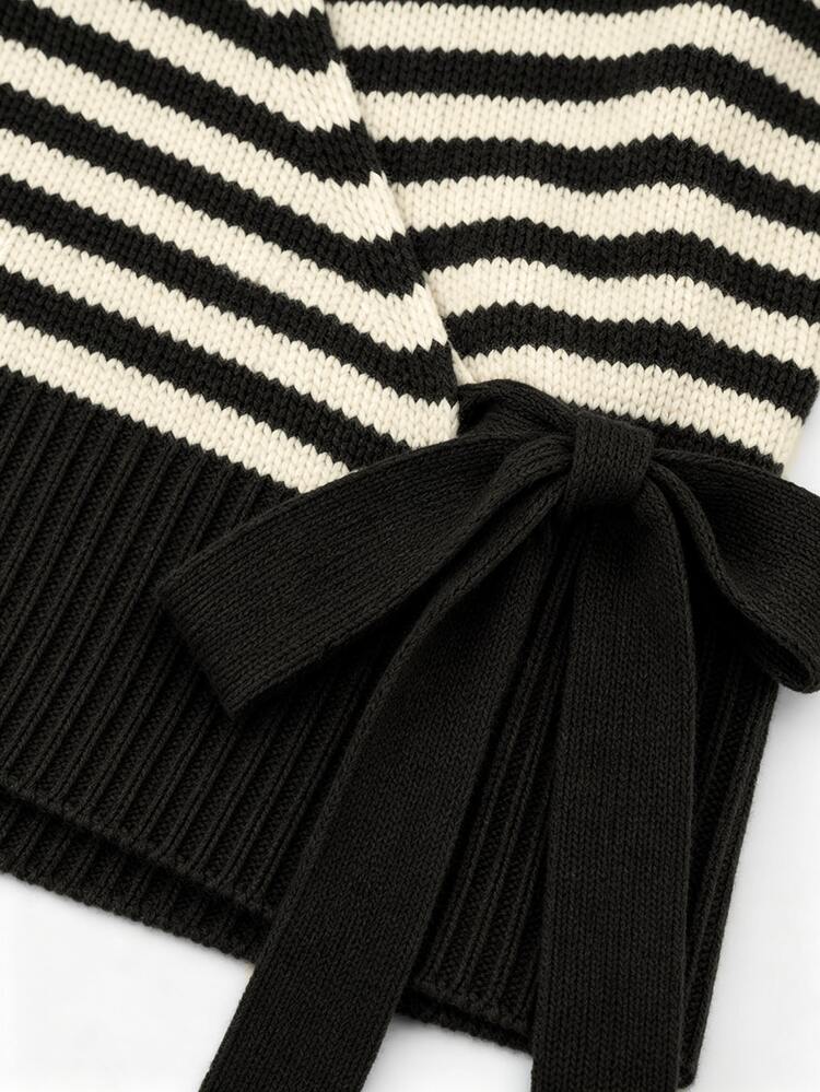 SHEIN Spring Fall French Wrap V Neck Knit Top Women Side Tie Waist Long Sleeve Slim Fitted Blouse - Black - View 5