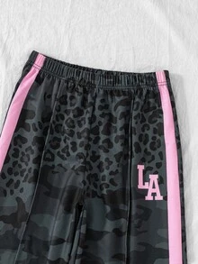 SHEIN 青少年女孩秋冬迷彩豹紋短版連帽衛衣與寬腿運動長褲套裝 LA字母粉色條紋 2件式運動休閒套裝 - 黑色 - 查看 8