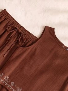 Rusticease 優雅熱帶波西米亞風套裝女款夏秋服飾 棕色花卉格紋刺繡 外出野餐度假休閒鄉村秋季穿搭 - 鏽棕色 - 查看 6
