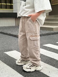 SHEIN Little Byeori Kids Young Boy Casual Daily Wear Cargo Denim Jeans With Pockets And Buttons - Khaki - View 3