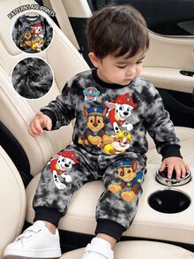SHEIN | PAW Patrol 男嬰休閒棕色紮染卡通狗印花長袖寬鬆圓領衛衣套裝，秋冬日常度假穿著，聖誕生日禮物 - 彩色 - 查看 1