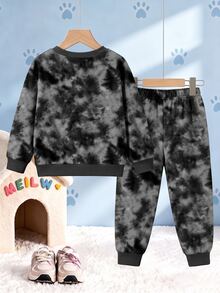 SHEIN | PAW Patrol 男嬰休閒棕色紮染卡通狗印花長袖寬鬆圓領衛衣套裝，秋冬日常度假穿著，聖誕生日禮物 - 彩色 - 查看 2