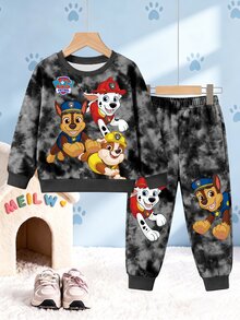 SHEIN | PAW Patrol 男嬰休閒棕色紮染卡通狗印花長袖寬鬆圓領衛衣套裝，秋冬日常度假穿著，聖誕生日禮物 - 彩色 - 查看 3