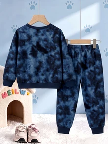 SHEIN | PAW Patrol 男嬰聖誕衛衣套裝 藍色紮染卡通狗印花 長袖寬鬆圓領 秋冬日常度假生日穿搭 - 彩色 - 查看 2
