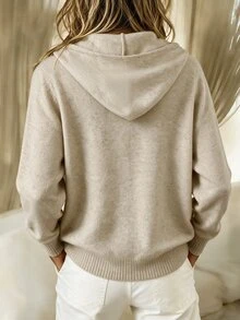 SHEIN Franclia كارديجان نسائي محبوك بغطاء رأس برباط، كنزة صوفية كاجوال بأزرار أمامية للخريف - لون مشمشي - مشاهدة 2