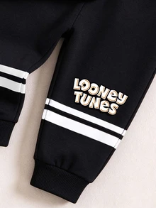 LOONEY TUNES X SHEIN Cuidi 男童 2 件套，直條紋卡通印花圓領衛衣 + 字母印花條紋慢跑長褲，兒童春秋休閒運動上衣與長褲套裝 - 黑色 - 查看 4