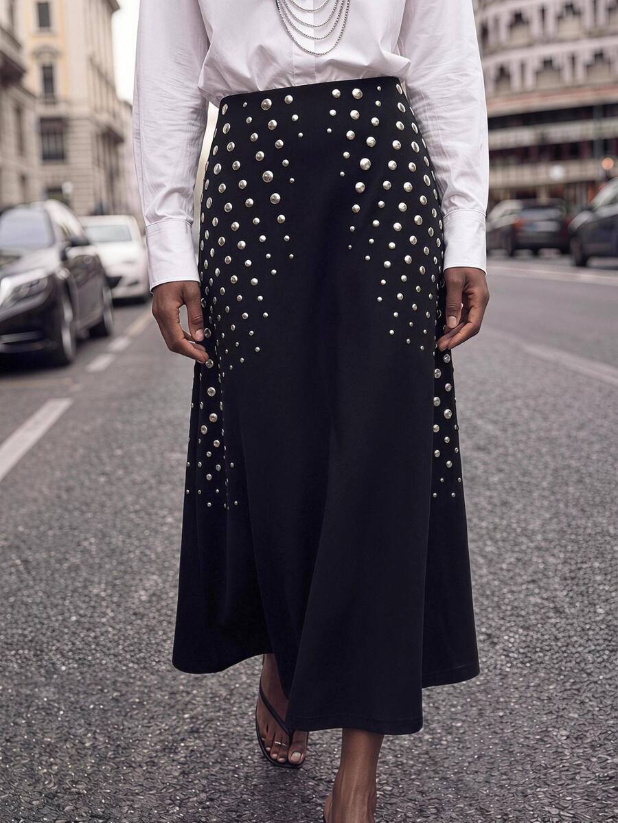 Maija Holiday Urban Y2K Black Autumn/Winter Women's A-Line Skirt With Metal Decoration - Black - View 1