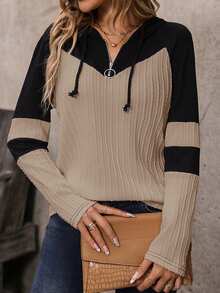 EMERY ROSE Hooded Color Block Casual Long Sleeve T-Shirt Graphic Tees Women Tops For Spring Fall For Women - Khaki - View 5