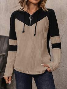 EMERY ROSE Hooded Color Block Casual Long Sleeve T-Shirt Graphic Tees Women Tops For Spring Fall For Women - Khaki - View 6