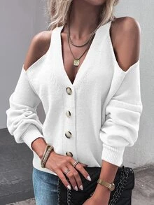 EMERY ROSE Women's Fashionable Solid Color Off-Shoulder Cardigan, Autumn - White - View 4