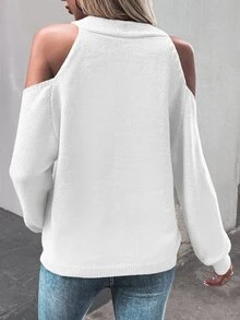 EMERY ROSE Women's Fashionable Solid Color Off-Shoulder Cardigan, Autumn - White - View 2