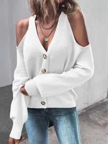 EMERY ROSE Women's Fashionable Solid Color Off-Shoulder Cardigan, Autumn - White - View 6