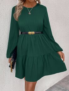 EMERY ROSE Women's Casual Solid Color Minimalist Round Neck Short Dress - Green - View 5