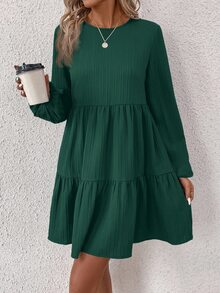 EMERY ROSE Women's Casual Solid Color Minimalist Round Neck Short Dress - Green - View 4