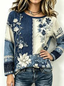 EMERY ROSE Women  Casual Floral Patchwork T Shirt Print Long Sleeve Top Retro Lace Graphic Vintage Boho - Multicolor - View 4