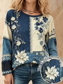 EMERY ROSE Women  Casual Floral Patchwork T Shirt Print Long Sleeve Top Retro Lace Graphic Vintage Boho - Multicolor - View 3