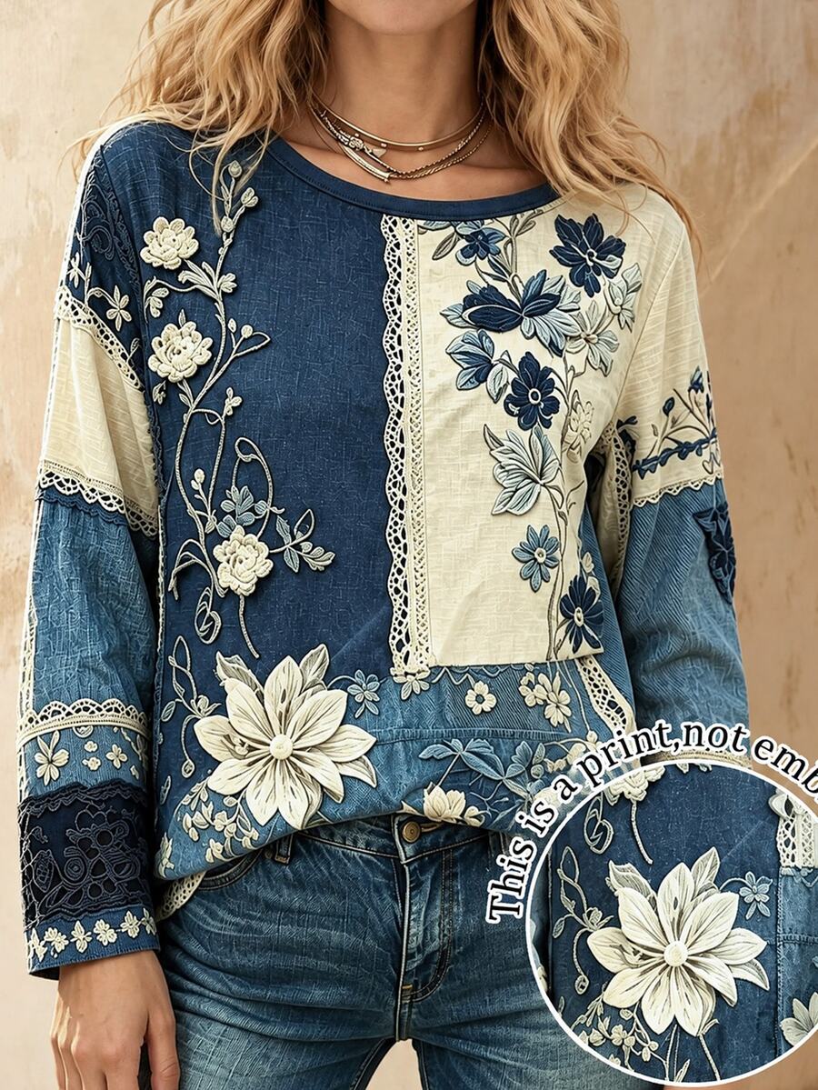 EMERY ROSE Women  Casual Floral Patchwork T Shirt Print Long Sleeve Top Retro Lace Graphic Vintage Boho - Multicolor - View 1