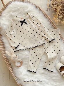 Cozy Pixies 2件組新生兒嬰兒休閒日常舒適波點圓領套頭長袖上衣與長褲家居服套裝 - 黑與白 - 查看 6