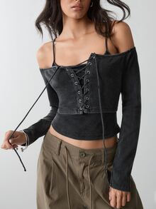 BAD SUNDAY Women's Grey Washed Jersey Layered Crop Top, Eyelet Lace-Up Cami With Off-Shoulder Long Sleeves - Grey - View 6