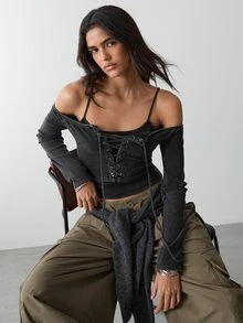 BAD SUNDAY Women's Grey Washed Jersey Layered Crop Top, Eyelet Lace-Up Cami With Off-Shoulder Long Sleeves - Grey - View 1