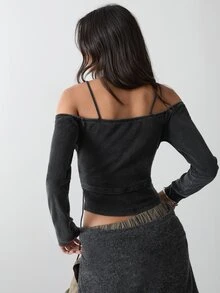 BAD SUNDAY Women's Grey Washed Jersey Layered Crop Top, Eyelet Lace-Up Cami With Off-Shoulder Long Sleeves - Grey - View 2
