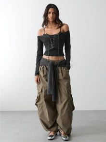 BAD SUNDAY Women's Grey Washed Jersey Layered Crop Top, Eyelet Lace-Up Cami With Off-Shoulder Long Sleeves - Grey - View 5