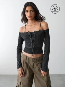BAD SUNDAY Women's Grey Washed Jersey Layered Crop Top, Eyelet Lace-Up Cami With Off-Shoulder Long Sleeves - Grey - View 3