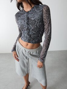 BAD SUNDAY Women's Animal Print Mesh Long Sleeve Ruched Hook-And-Eye Cardigan Top - Multicolor - View 1