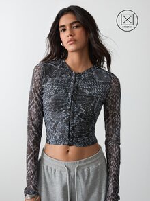 BAD SUNDAY Women's Animal Print Mesh Long Sleeve Ruched Hook-And-Eye Cardigan Top - Multicolor - View 5