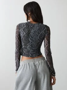 BAD SUNDAY Women's Animal Print Mesh Long Sleeve Ruched Hook-And-Eye Cardigan Top - Multicolor - View 2