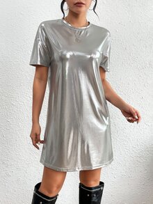 EMERY ROSE Women's Metallic Round Neck Casual Dress - Silver - View 5