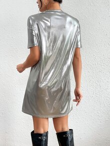 EMERY ROSE Women's Metallic Round Neck Casual Dress - Silver - View 2