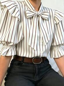 EMERY ROSE Casual Frenchy Elegant Women's White Tie-Neck Blouse, Versatile Commute And Travel Shirt Teachers' Day Office Work Summer - Brown - View 4