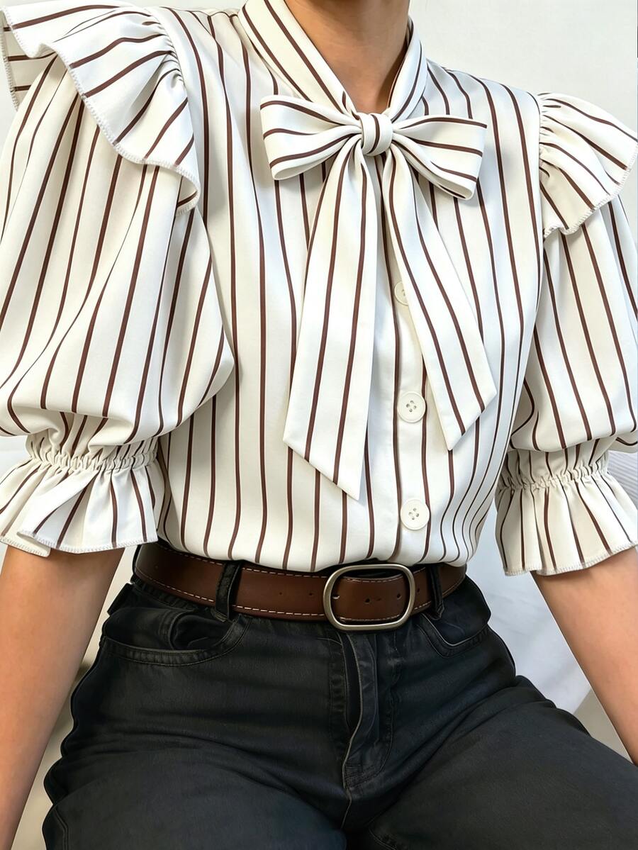 EMERY ROSE 休閒法式優雅女款白色繫帶領襯衫，百搭通勤旅行襯衫，教師節辦公工作夏季穿搭