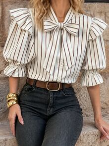 EMERY ROSE Casual Frenchy Elegant Women's White Tie-Neck Blouse, Versatile Commute And Travel Shirt Teachers' Day Office Work Summer - Brown - View 2